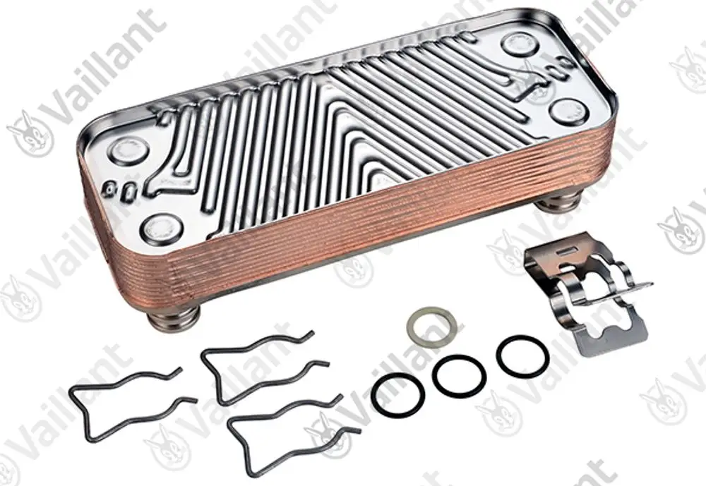 Wärmetauscher mit mehreren Platten, ausgestattet mit Dichtungen und Clips. Das Produkt ist von der Marke Vaillant und zeigt ein kompaktes, metallisches Design.